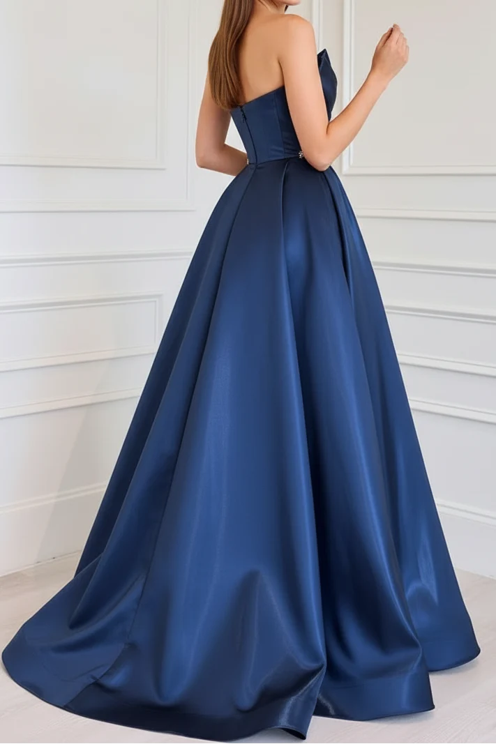 Navy Blue A Line Strapless Beaded Pleated Satin Prom Dress Evening Dress DP7624