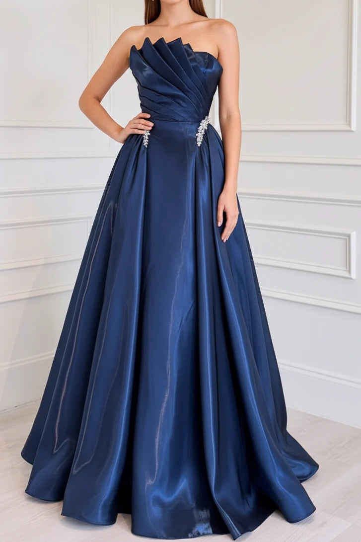 Navy Blue A Line Strapless Beaded Pleated Satin Prom Dress Evening Dress DP7624