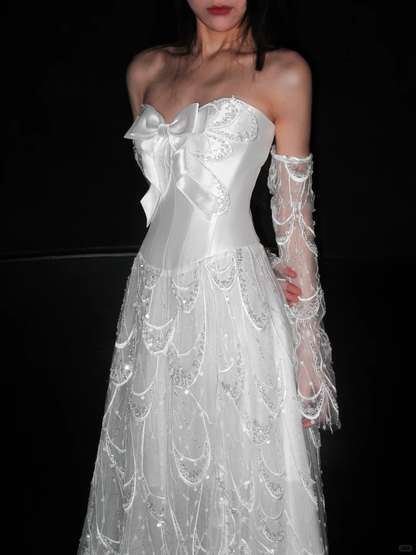 Cute A Line Sweetheart Neck Bow Beaded White Lace Satin Wedding Dress DP5306