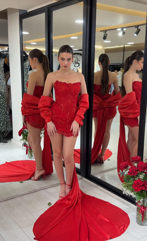 Sexy Red Bow Sheath Strapless Beaded Lace Short Prom Dress Birthday Party Dress DP4912