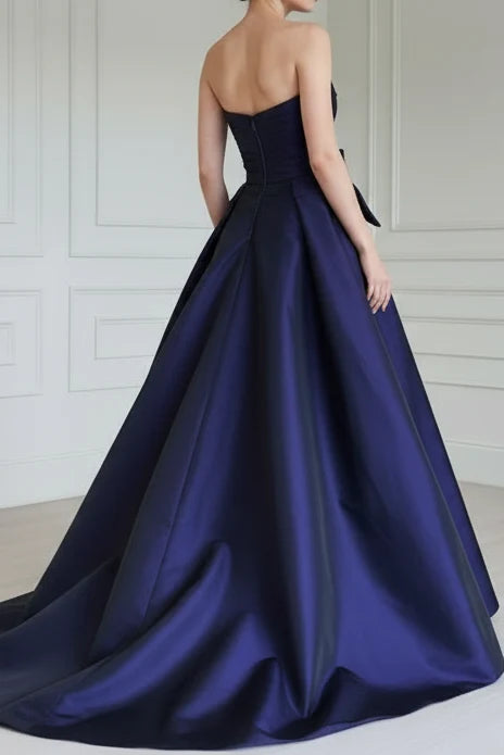Dark Purple A Line Sweetheart Neck Bow Knot Satin Prom Dress Evening Dress DP7625