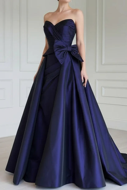 Dark Purple A Line Sweetheart Neck Bow Knot Satin Prom Dress Evening Dress DP7625