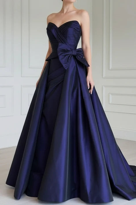 Dark Purple A Line Sweetheart Neck Bow Knot Satin Prom Dress Evening Dress DP7625