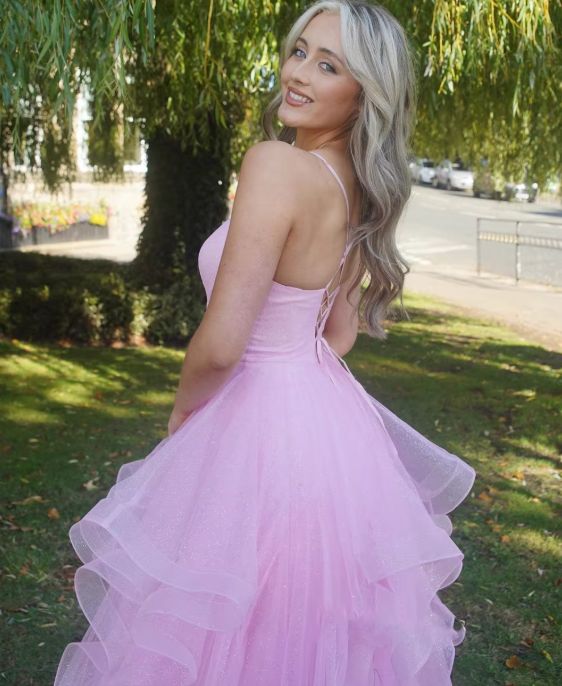 Pink A Line Spaghetti Strap Ruffle Organza Backless Long Prom Dress Evening Dress Formal Dress DP3272