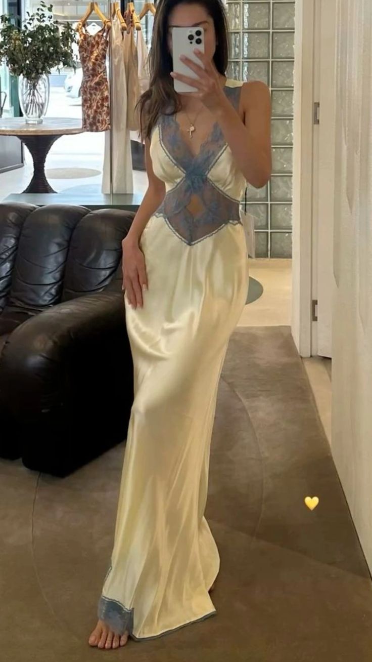 Elegant Sheath V Neck Blue Lace Yellow Satin Long Prom Dress DP7771