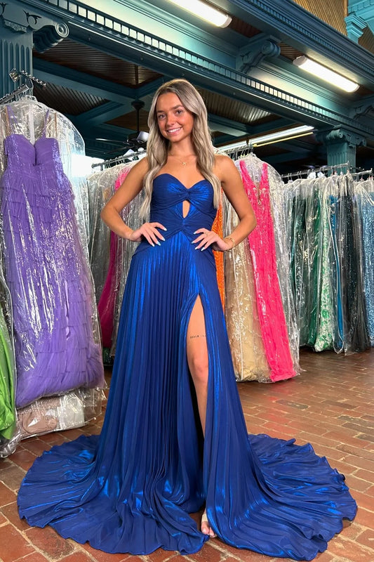 Navy Blue Stylish A Line Sweetheart Long Pleated Satin Prom Dress with Slit DP7726