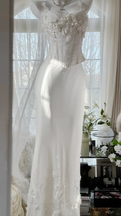 Two Piece Sheath Straps Appliques Corset White Chiffon Prom Dress Party Dress DP5817