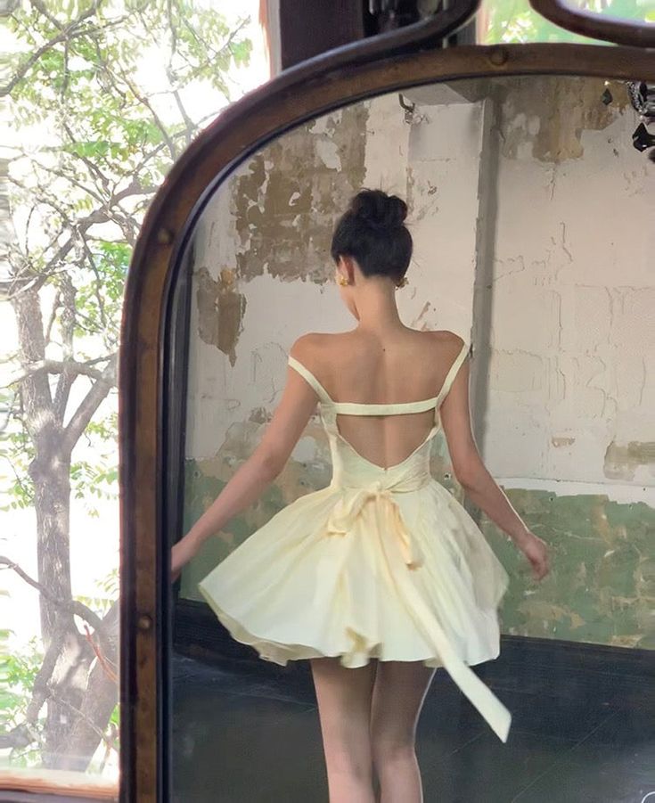 Light Yellow A Line Strap Satin Open Back Mini Homecoming Dress Birthday Dress DP2619