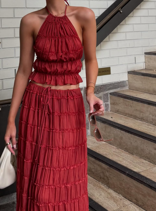 Burgundy A Line Halter Two Piece Satin Open Back Long Prom Dress Evening Dress DP1512