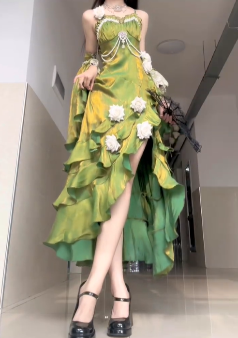 Stunning Green Mermaid Strap Rose Layered Satin Prom Dress Graduation Ball Gown DP4560