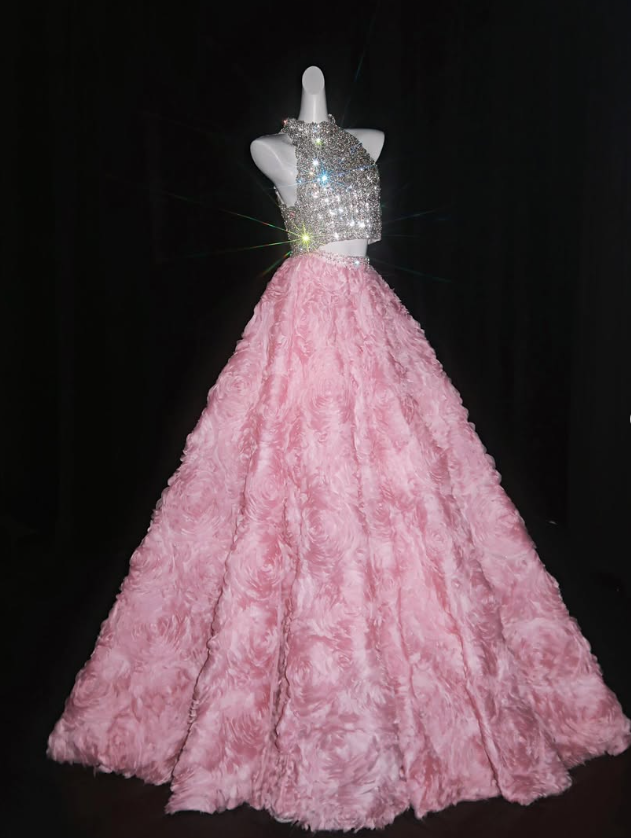 Shiny Rhinestone Ball Gown Exquisite 3D Pink Rose Tulle Prom Dress Quinceanera Dress DP6603