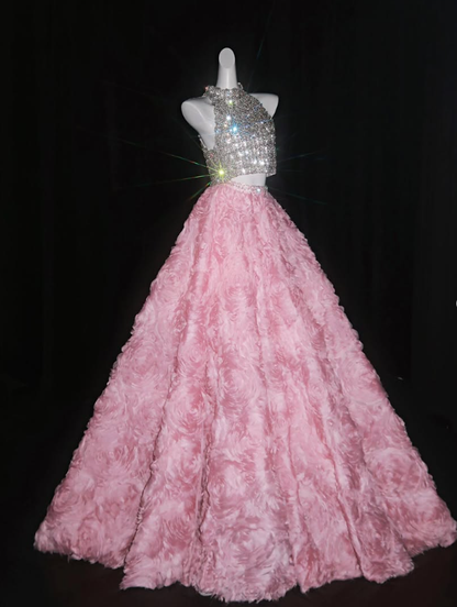 Shiny Rhinestone Ball Gown Exquisite 3D Pink Rose Tulle Prom Dress Quinceanera Dress DP6603