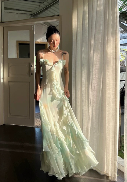 Dreamy Light Green A Line Straps Ruffle Chiffon Prom Dress Evening Dress DP5267