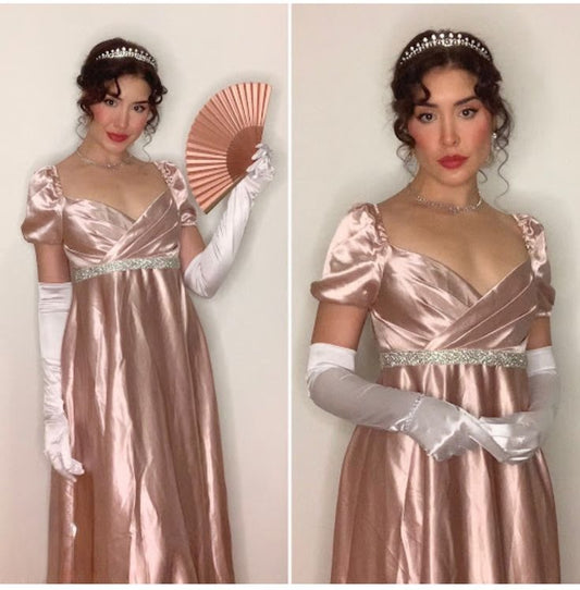 Classical Pink A Line Puff Beaded Satin Long Party Dress Evening Dress DP2894