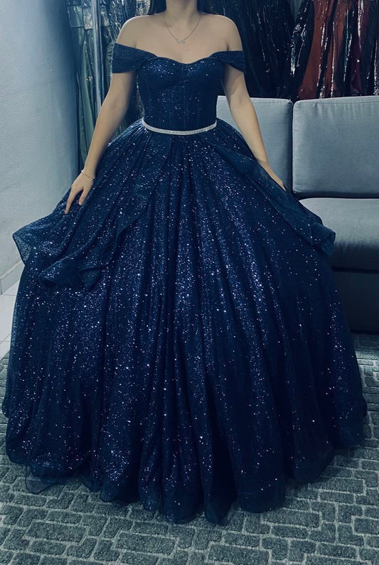Dark Navy Blue Ball Gown Off the Shoulder Sequin Tulle Prom Dress Evening Dress DP8054