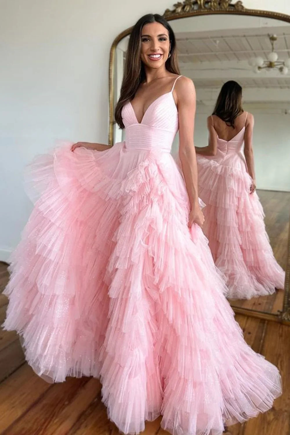 Pink Ball Gown Spaghetti Strap Layered Tulle Long Prom Dress DP7749