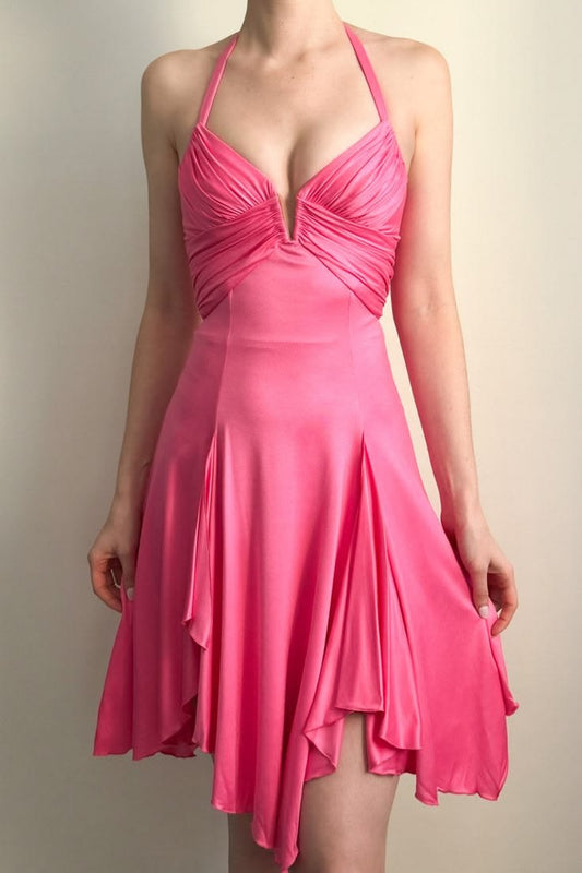 Pink A Line Halter Satin Backless Homecoming Dress Cocktail Dress DP5480