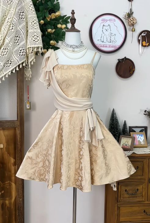 Dark Champagne Retro A Line Straps Chiffon Satin Short Homecoming Dress Cocktail Dress Outfits DP3142