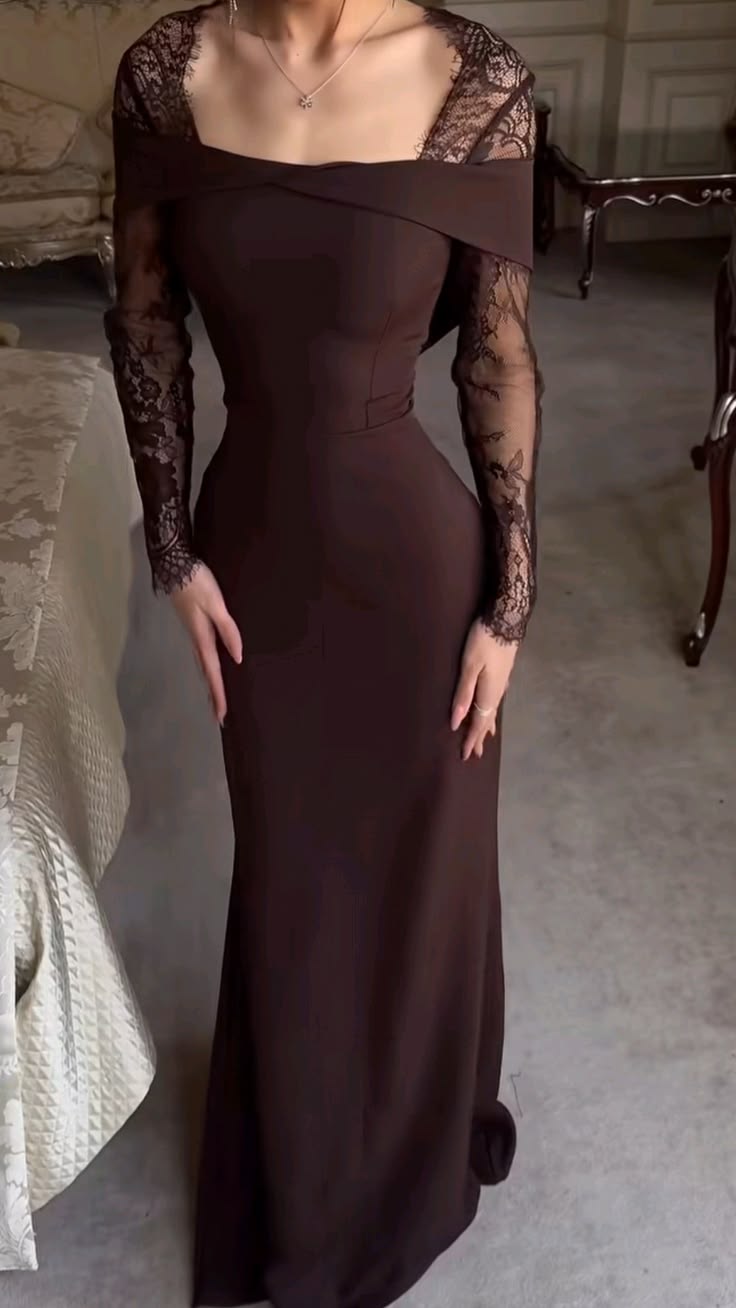 Elegant Brown Sheath Long Sleeve Lace Satin Prom Dress Date Dress DP5102