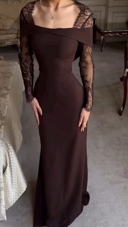 Elegant Brown Sheath Long Sleeve Lace Satin Prom Dress Date Dress DP5102