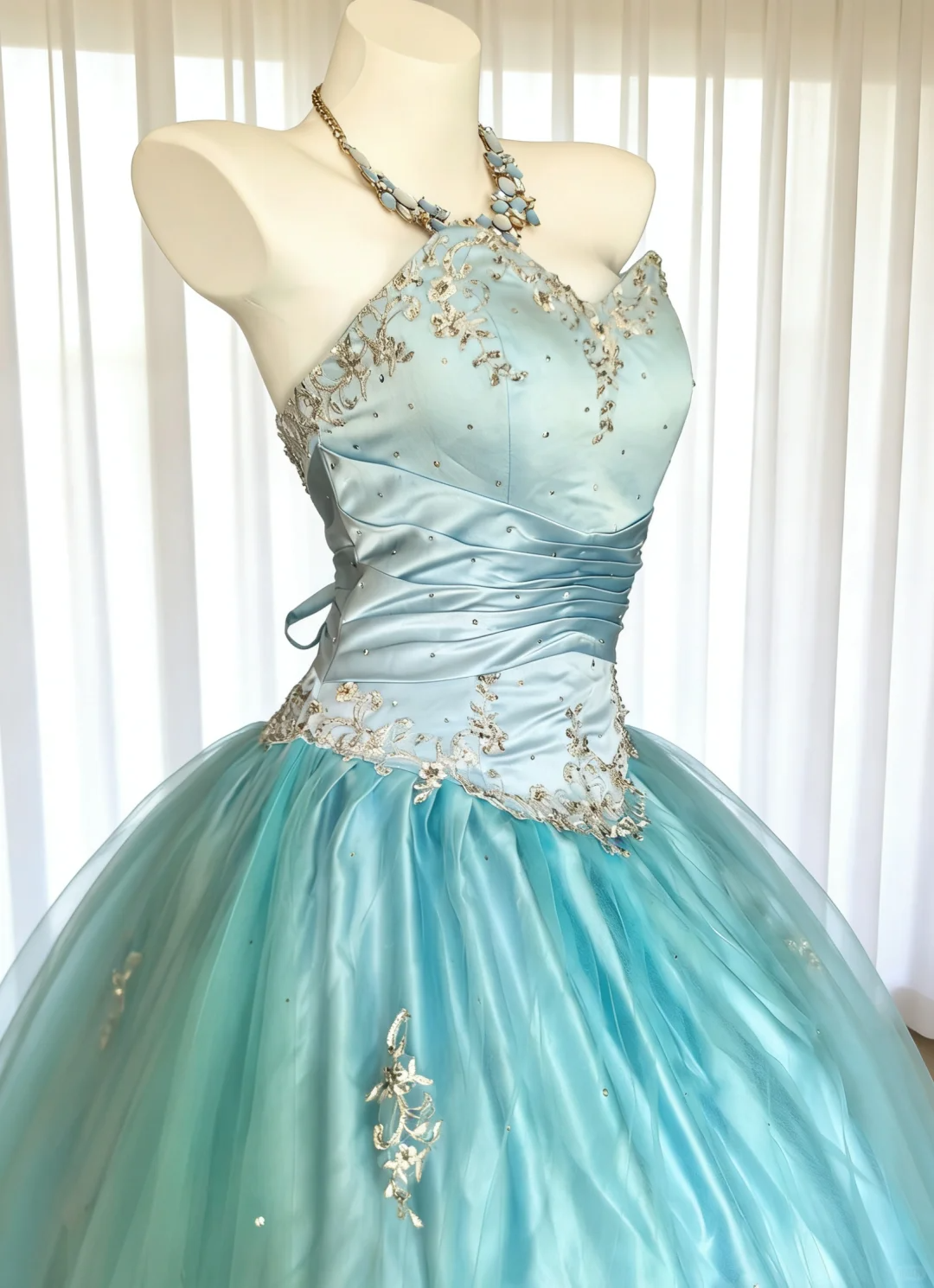 Vintage A Line Strapless Beaded Baby Blue Satin Tulle Prom Dress Evening Dress DP4726