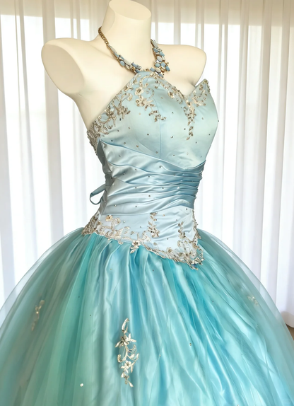 Vintage A Line Strapless Beaded Baby Blue Satin Tulle Prom Dress Evening Dress DP4726