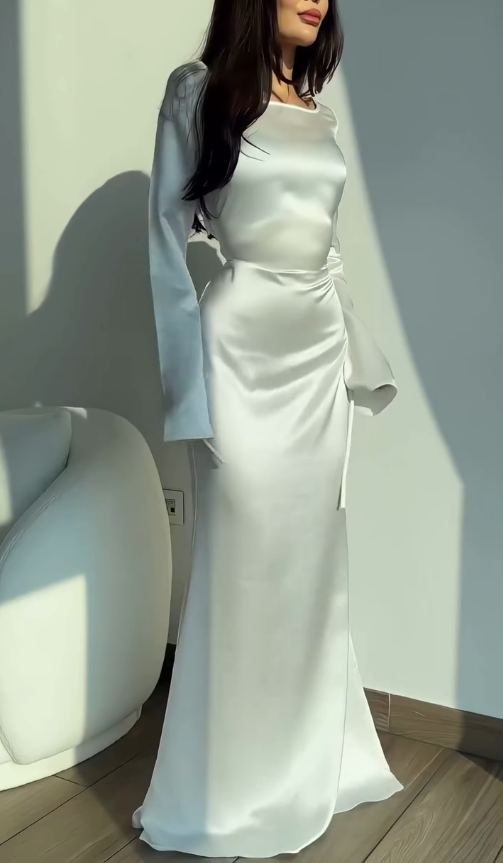 Classic White Mermaid Long Sleeve Satin Prom Dress Evening Dress DP3885