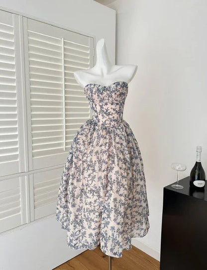 Blue Print Floral A Line Sweetheart Neck Satin Homecoming Dress Outfits DP3938