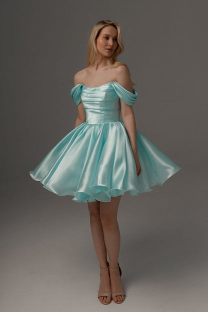 Blue A Line Off the Shoulder Satin Short Homecoming Dress Cocktail Dress DP3614