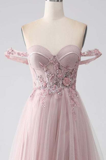 Elegant Off the Shoulder Sequins Beads Pink Tulle Prom Dress with Slit DP1393