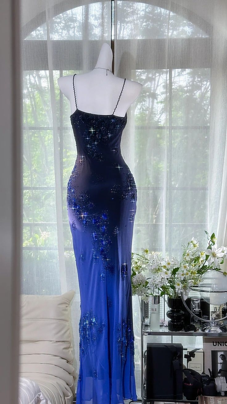 Blue Ombre Sheath Spaghetti Strap Exquisite Beaded Chiffon Prom Dress 21th Birthday Dress DP3900