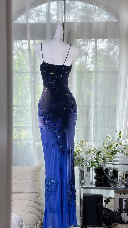 Blue Ombre Sheath Spaghetti Strap Exquisite Beaded Chiffon Prom Dress 21th Birthday Dress DP3900