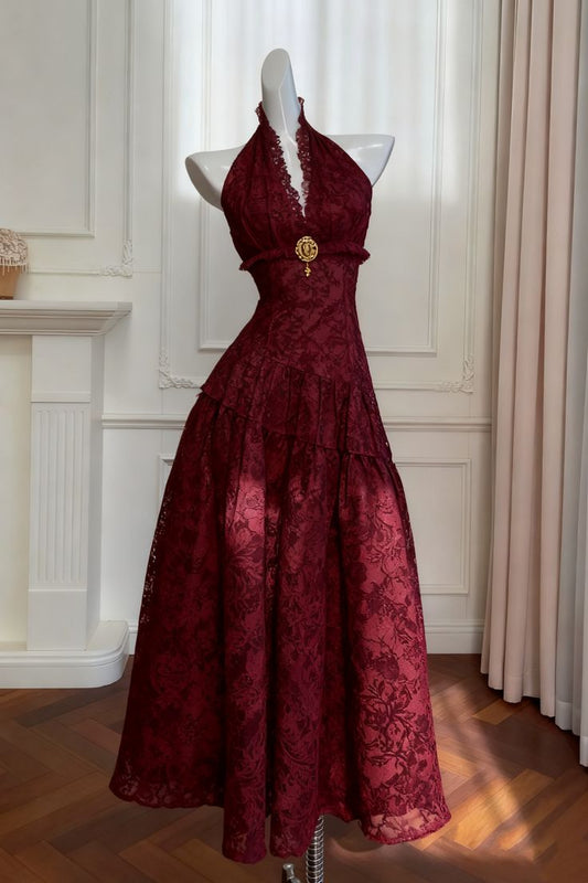 Elegant Vintage A Line V Neck Burgundy Lace Long Prom Dress Evening Dress DP4739