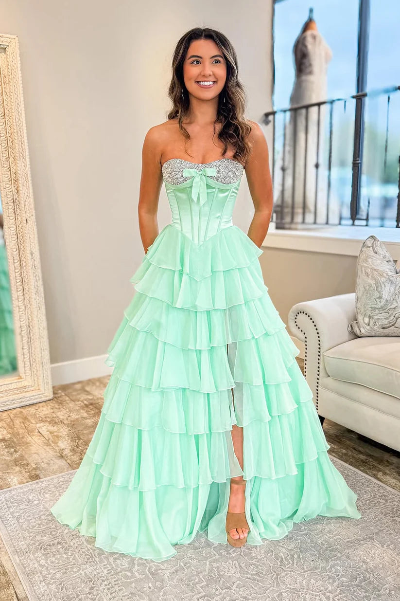 Light Green A Line Sweetheart Neck Beaded Layered Chiffon Evening Dress Prom Dress DP7665