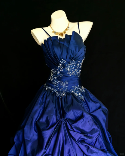 Vintage A Line Spaghetti Straps Beaded Dark Blue Satin Prom Dress Evening Dress DP4725