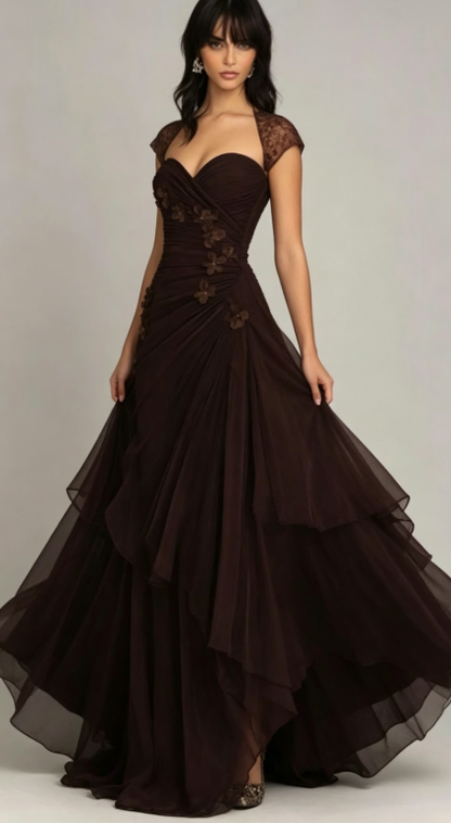 Stunning Brown Mermaid Appliques Layered Chiffon Prom Dress Graduation Prom Dress DP5101