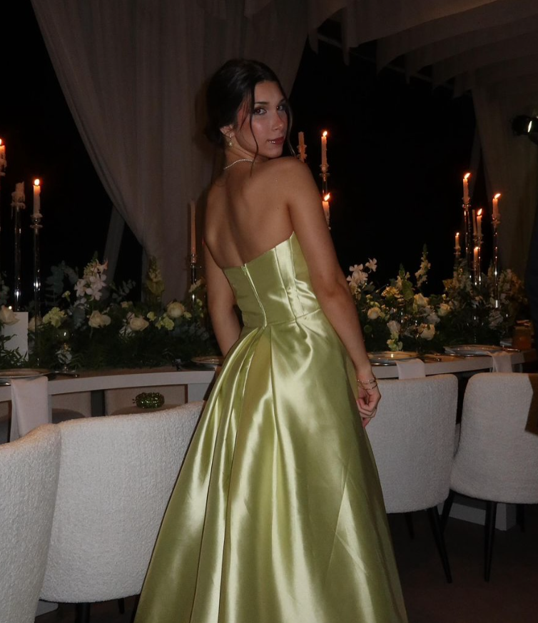 Charming Yellow A Line Strapless Satin Slit Long Prom Dress Evening Dress DP6772