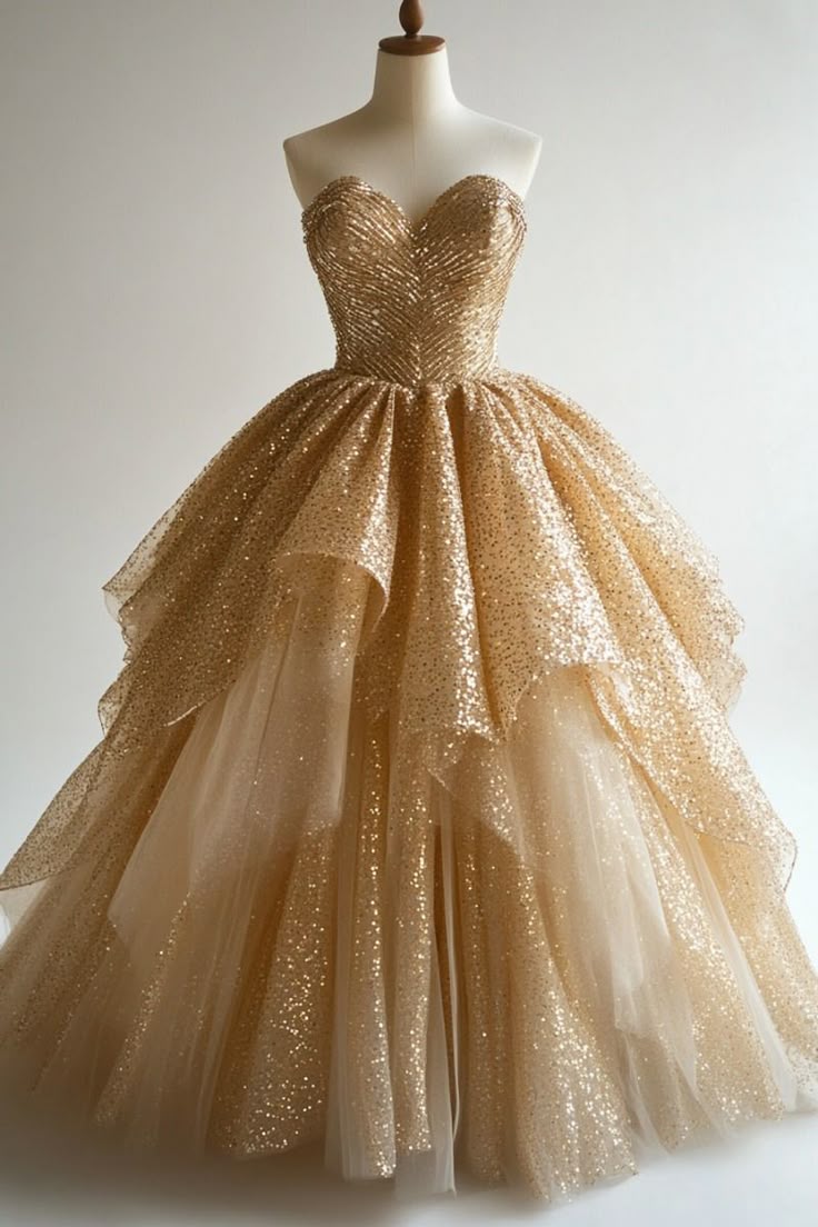 Gorgeous A Line Sweetheart Neck Tiered Sequin Golden Tulle Prom Dress Evening Dress DP2030