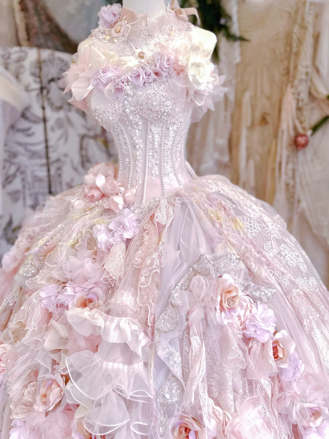 Pink Ball Gown Sweetheart Neck Floral Beaded Layered Tulle Prom Dress 16th Birthday Dress DP3772