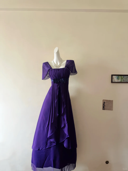 Vintage A Line Straps Beaded Dark Purple Chiffon Prom Dress Outfits DP5013