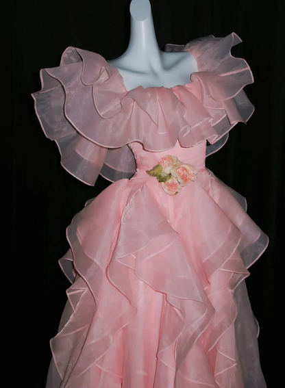 Princess Pink Ball Gown Straps Ruffle Organza Prom Dress Quinceanera Dress DP6606