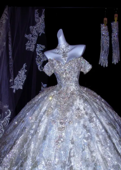 Stunning Exquisite Rhinestone Ball Gown Sequin Tulle Long Prom Dress Wedding Dress DP4636