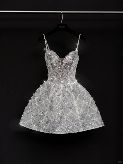 Shiny A Line Spaghetti Straps Rhinestone Tulle Short Homecoming Dress Cocktail Dress DP2678
