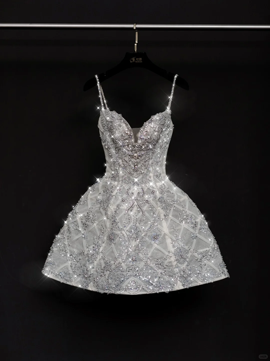 Shiny A Line Spaghetti Straps Rhinestone Tulle Short Homecoming Dress Cocktail Dress DP2678