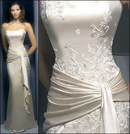 Elegant Mermaid Sweetheart Neck Appliques Light Champagne Satin Long Prom Dress Wedding Dress DP3634