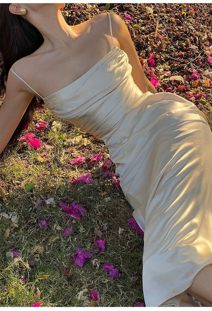 Sexy Mermaid Spaghetti Straps Ivory Satin Prom Dress DP799