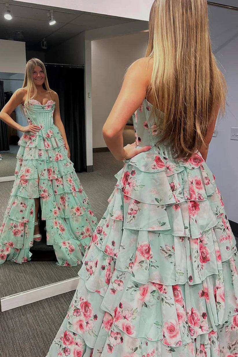 Light Green Print A Line Strapless Corset Layered Chiffon Evening Dress Prom Dress with Slit DP7673