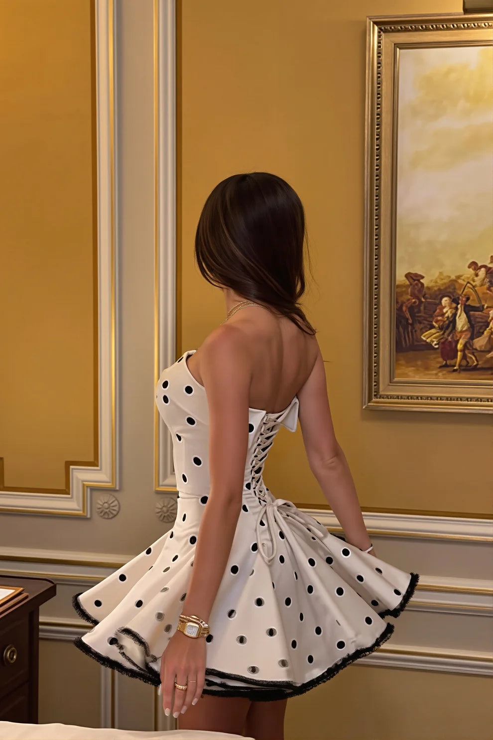 Polka Dot A Line Strapless Satin Short Homecoming Dress DP7415