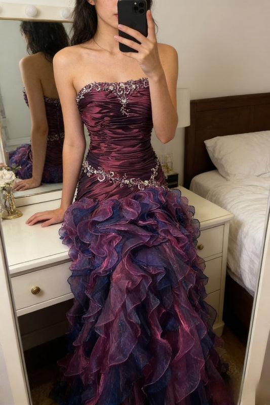 Vintage Ball Gown Strapless Beaded Ruffle Organza Satin Long Prom Dress Evening Dress DP4733