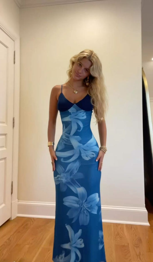 Elegant Blue Lily Print Sheath Chiffon Long Evening Party Dress Date Dress DP2991